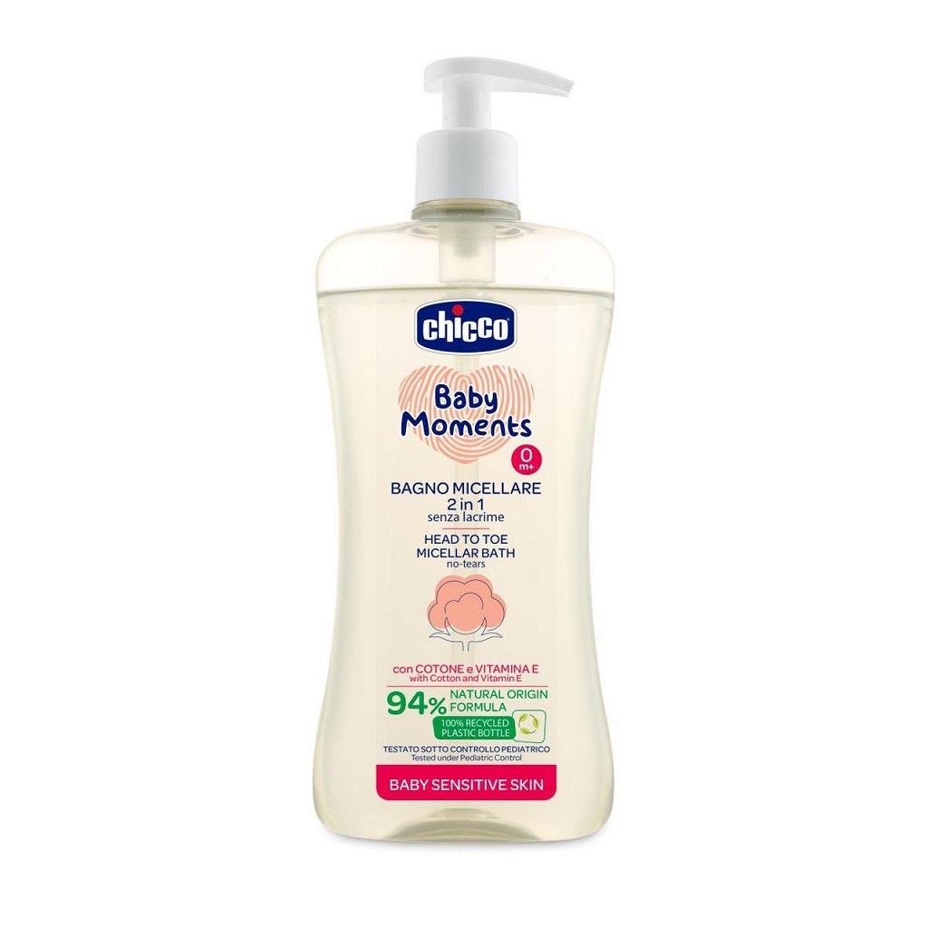 CHICCO Šampon micelární na vlasy a tělo s dávkovačem Baby Moments Sensitive 94% přírod. složek 500ml
