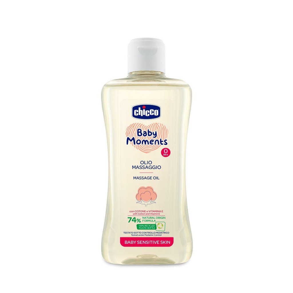 CHICCO Olej masážny s bavlnou a vitamínom E Baby Moments Sensitive 74 % prírodných zložiek 200 ml