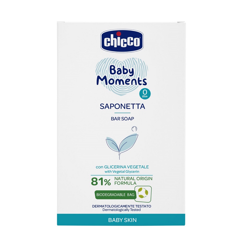 CHICCO Mýdlo na ruce tuhé s rostlinným glycerínem Baby Moments 81 % přírodních složek 100 g