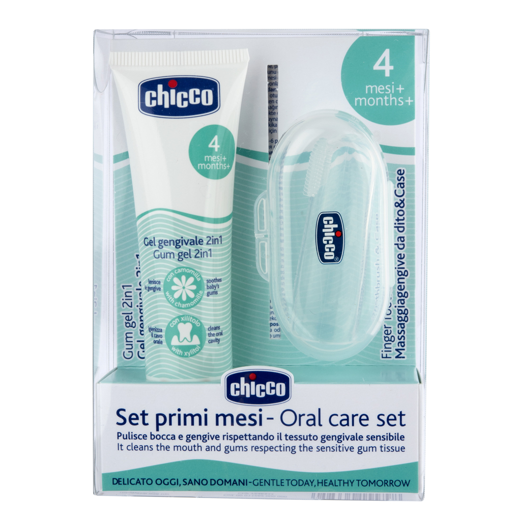 CHICCO Set zubní uklidňující gel a kartáček na prst s pouzdrem 4m+