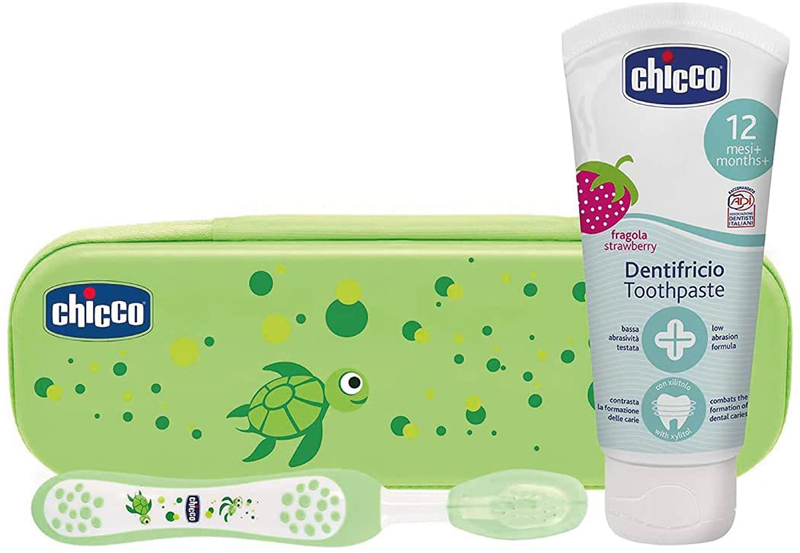 CHICCO Set zubní kartáček s pouzdrem+pasta Always Smiling zelený 12m+