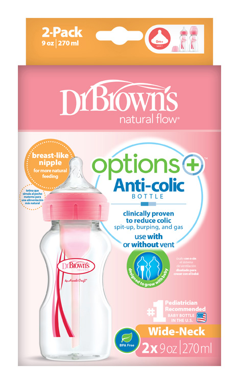 DR.BROWN'S Fľaša dojčenská Anti-colic Wide-Neck 2x270ml, ružová
