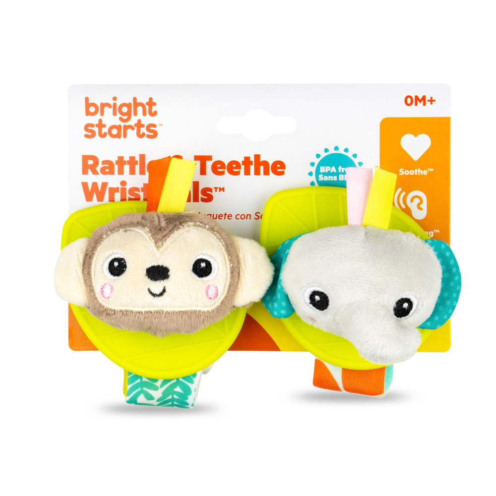 BRIGHT STARTS Chrastítko s kousátkem na ruku 2 ks opice/slon 0 m+