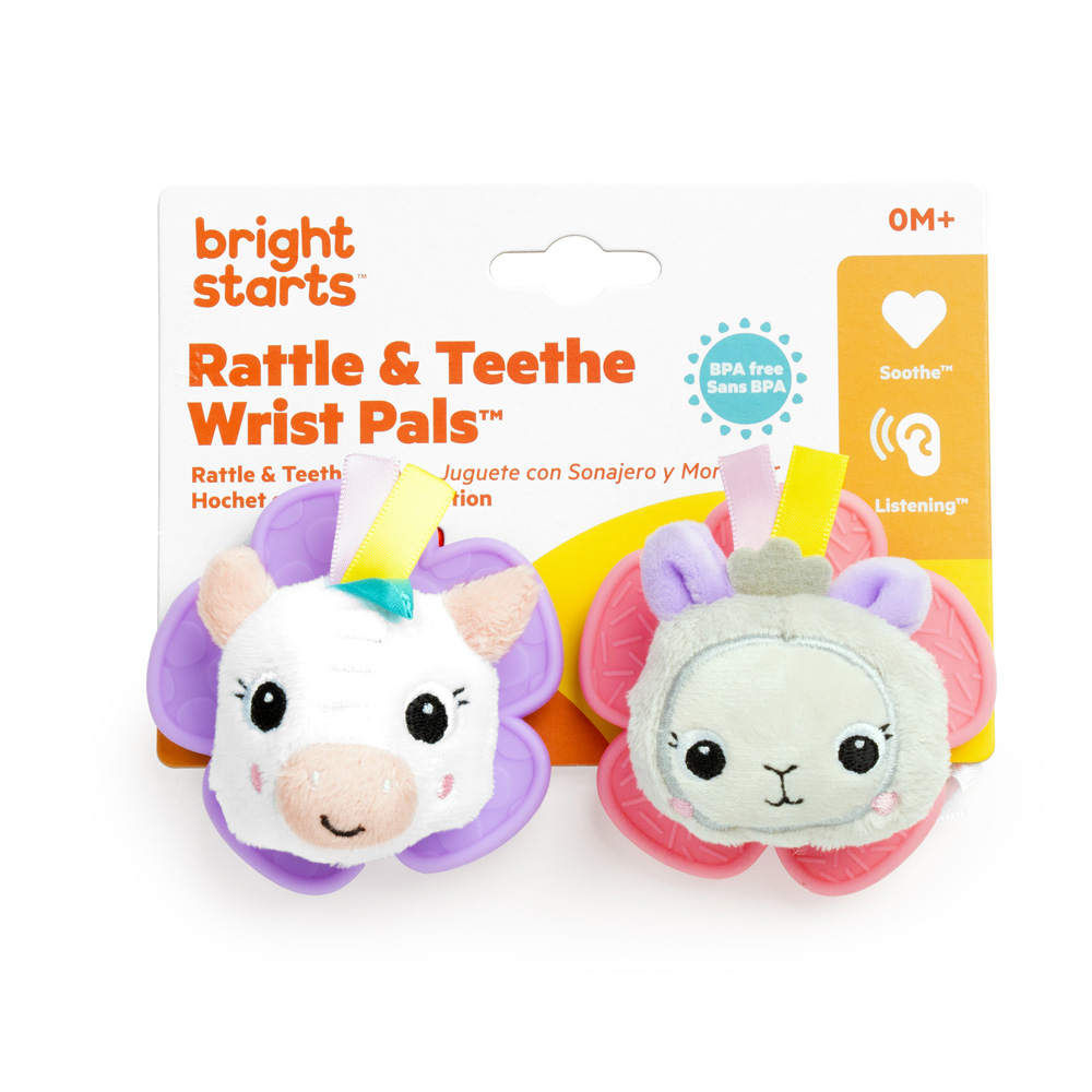 BRIGHT STARTS Chrastítko s kousátkem na ruku 2 ks jednorožec/lama 0 m+