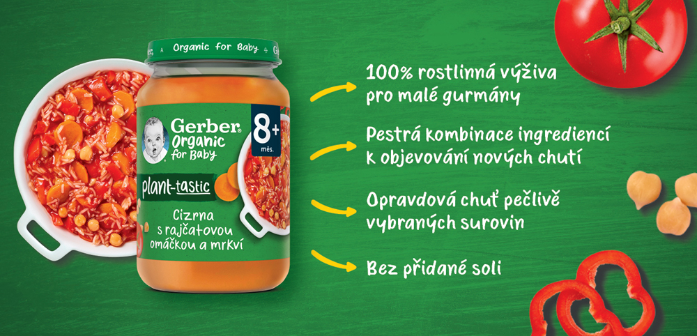 GERBER Organic 100% rastlinný príkrm cícer s paradajkovou omáčkou a mrkvou 190 g​
