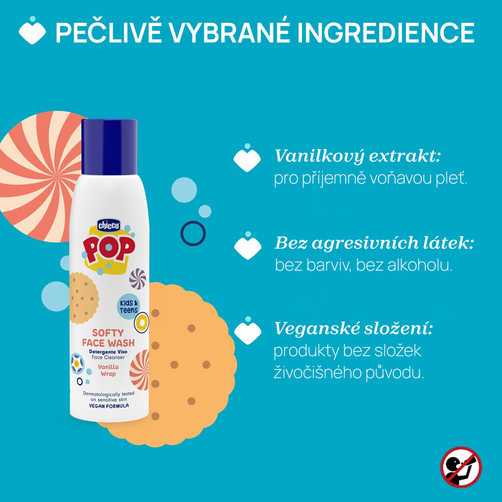 CHICCO Jemný čistiaci gél na tvár POP Softy Vanilla 150ml s peniacim dávkovačom