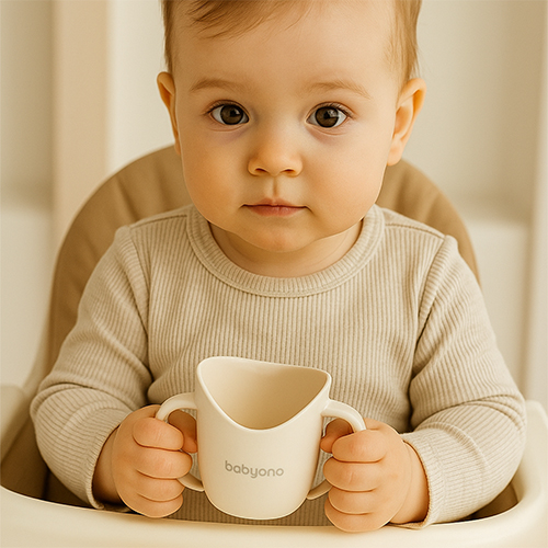 BABYONO Hrnček ergonomický s uškami 120 ml beige 6m+