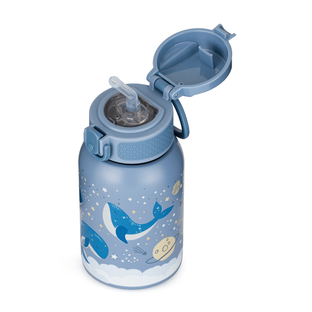 PETITE&MARS Fľaša nerezová termo so slamkou 350 ml Whale Song 12m+