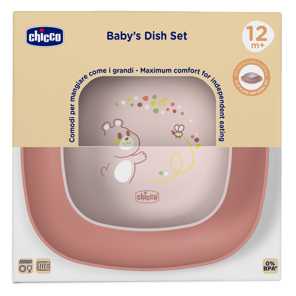 CHICCO Set jedálenský - miska a tanier pink 12m+