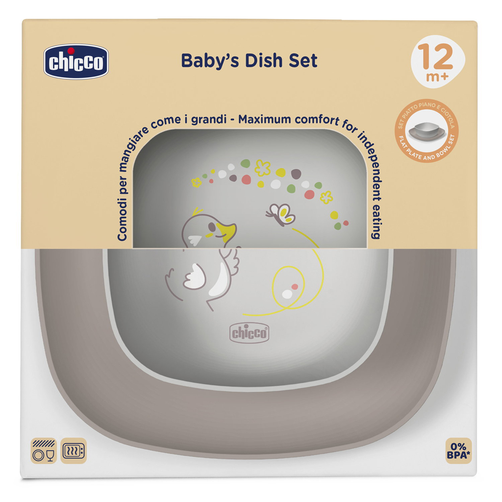CHICCO Set jedálenský - miska a tanier grey 12m+