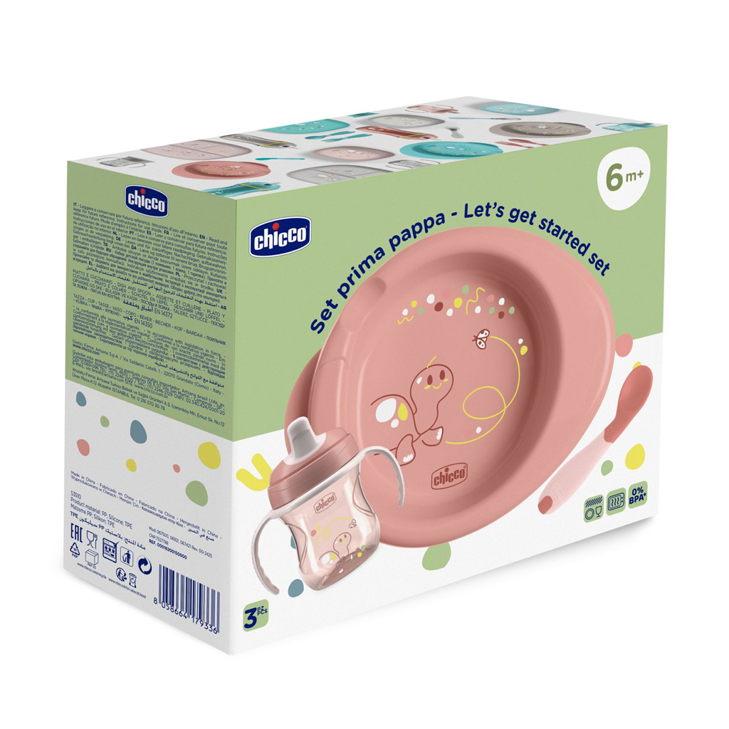 CHICCO Štartovací set - tanier, fľaša a lyžička pink 6m+