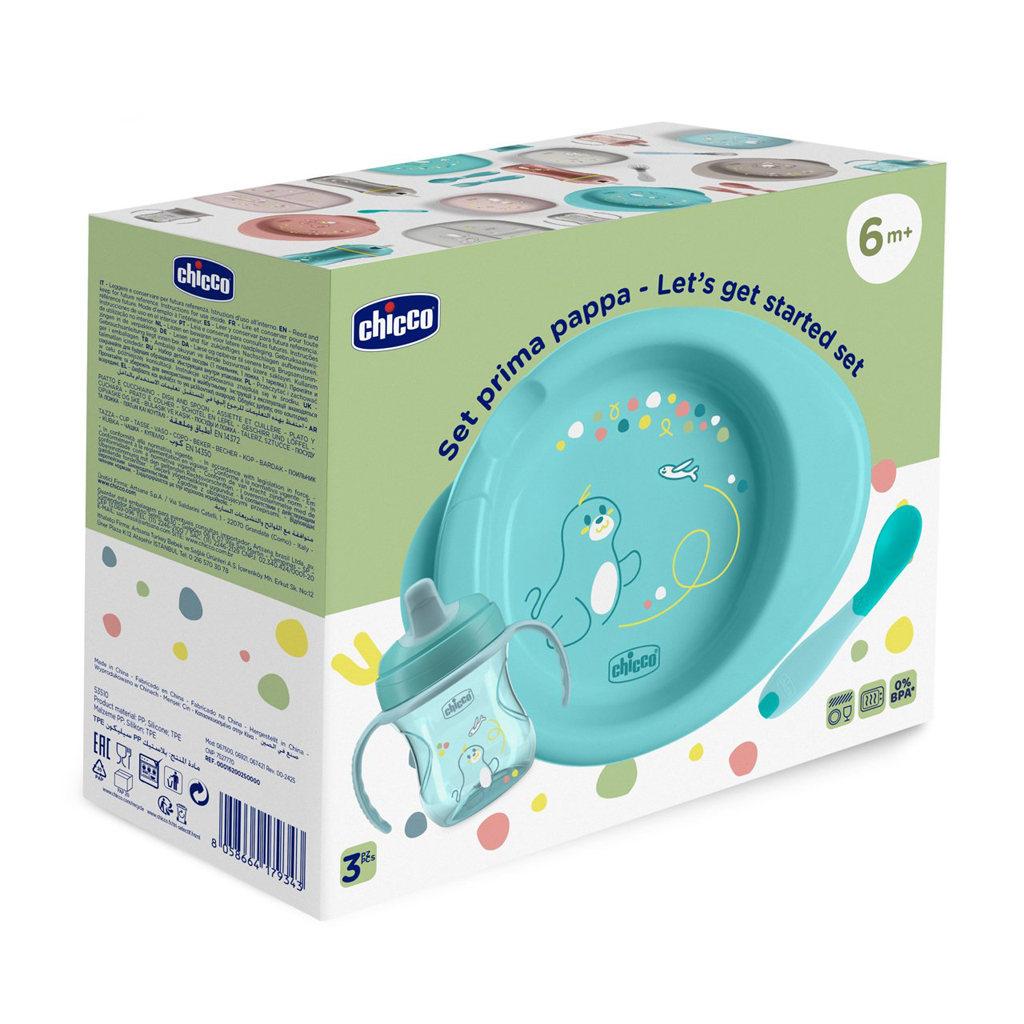 CHICCO Štartovný set - tanier, fľaša a lyžička blue 6m+