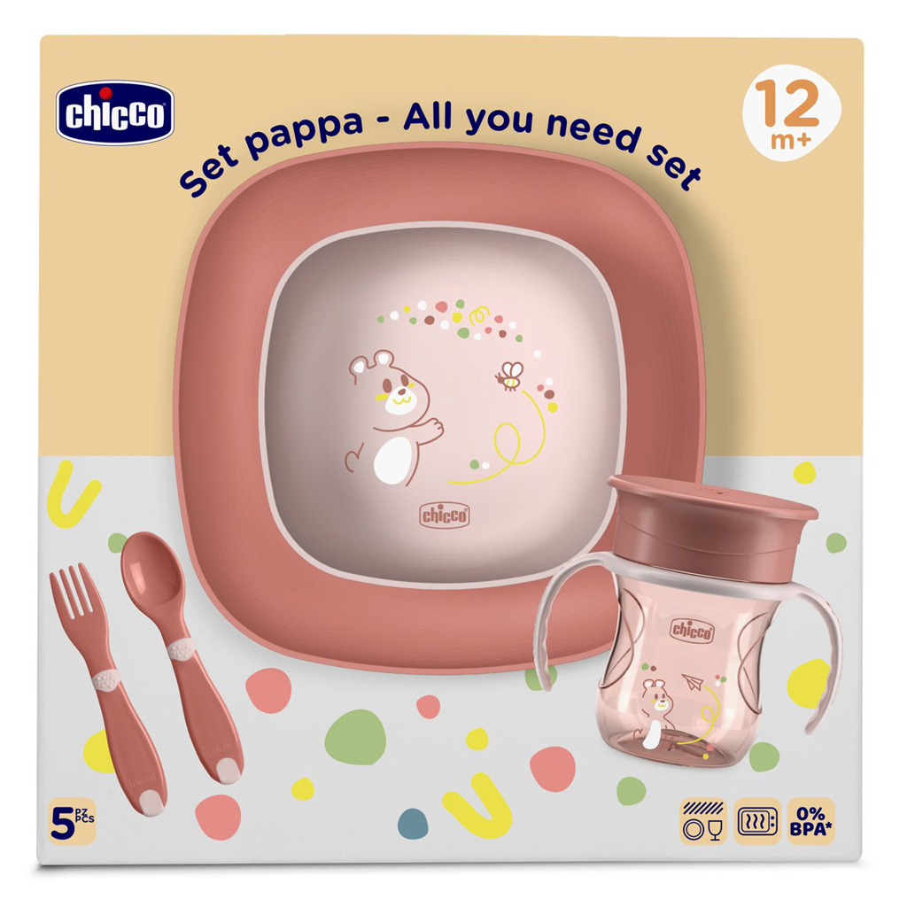 CHICCO Set jedálenský - miska, tanier, fľaša a príbor pink 12m+
