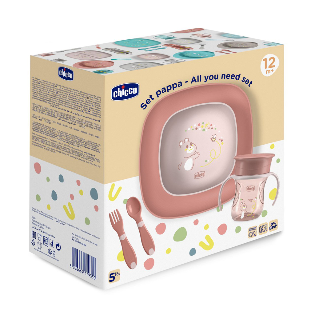 CHICCO Set jedálenský - miska, tanier, fľaša a príbor pink 12m+