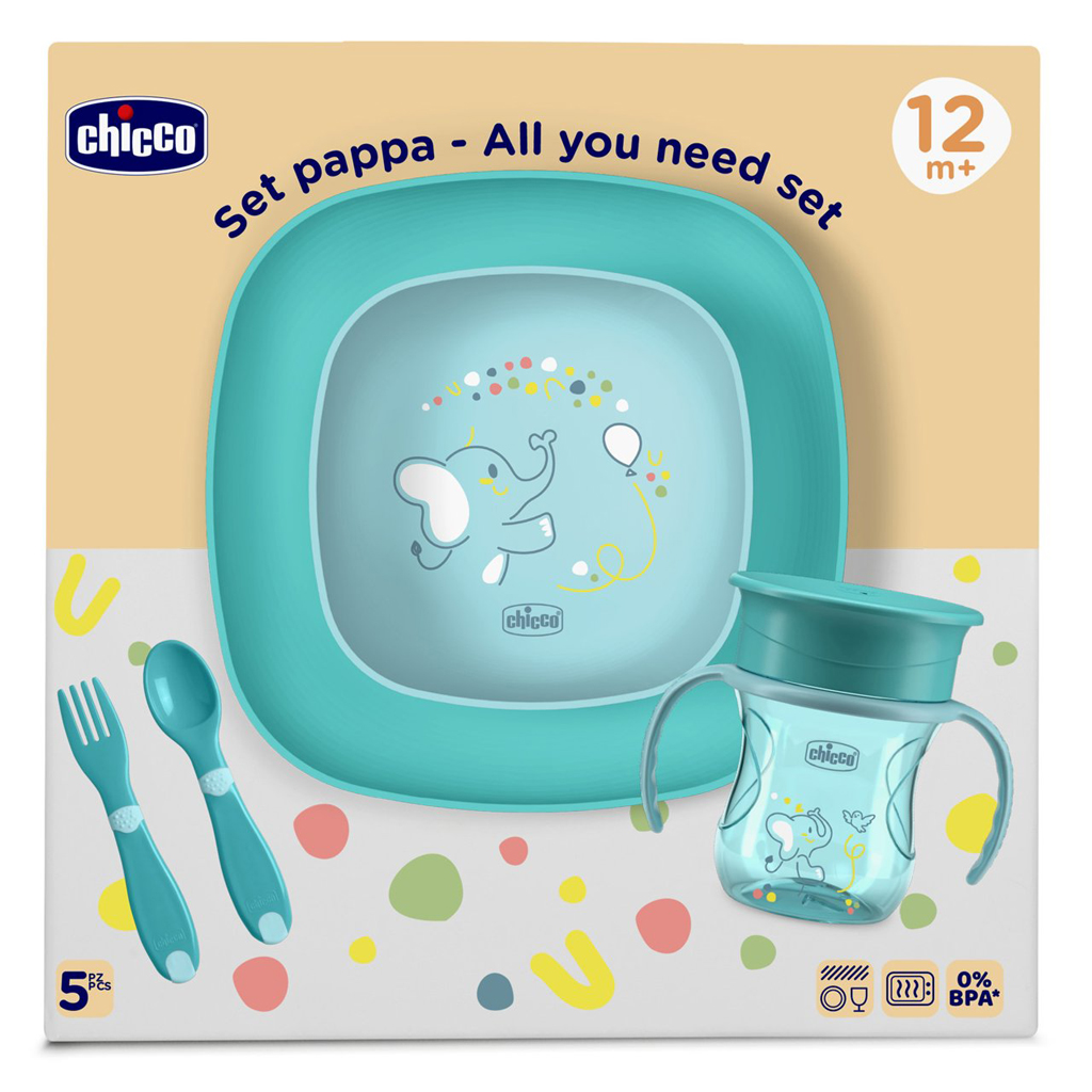 CHICCO Set jedálenský - miska, tanier, fľaša a príbor blue 12m+