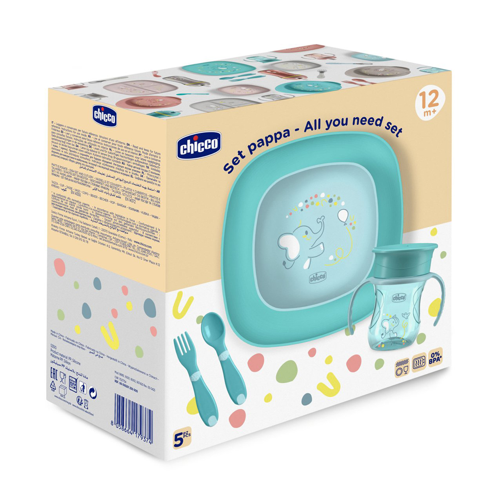 CHICCO Set jedálenský - miska, tanier, fľaša a príbor blue 12m+