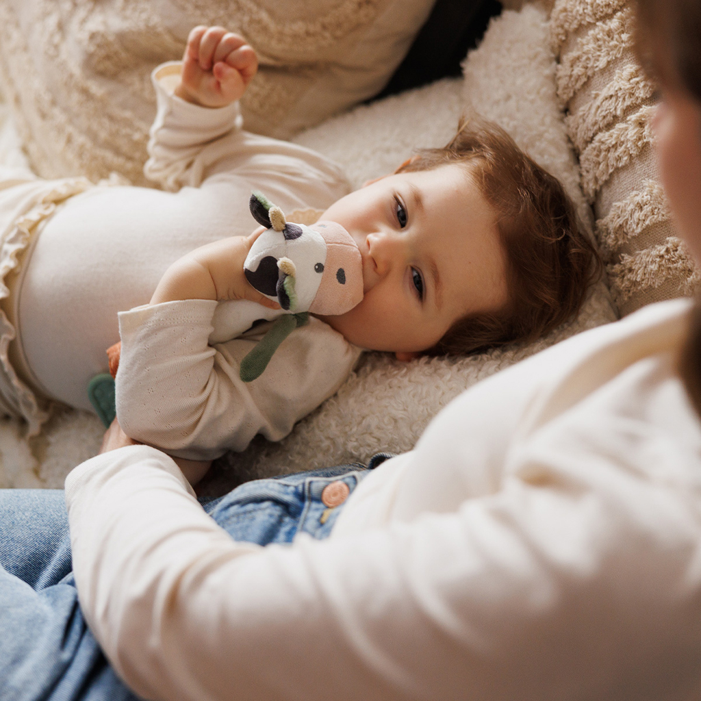 BABYONO Hračka pískacia s hryzačkou Cow Bingo 6m+