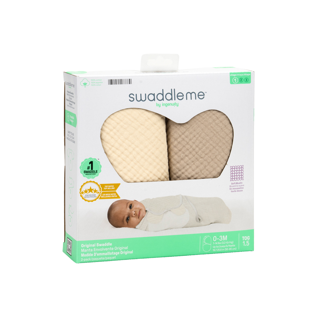 INGENUITY Zavinovačka SwaddleMe™ Uliatka mušelín 1 TOG 0-3m Cream/Cashew, 2 ks