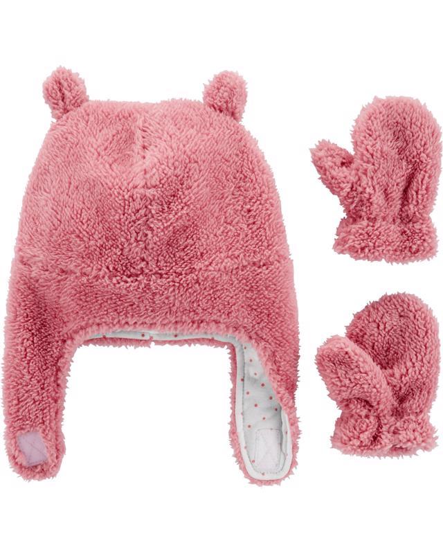 CARTER'S Set 2dielny sherpa čiapka-rukavice-ružová, 12-24 m /veľ. 92