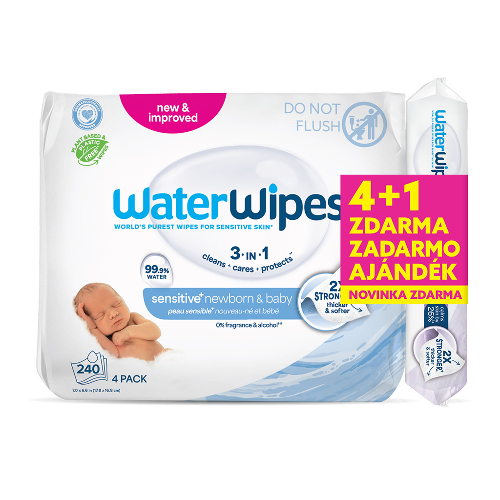 4x WATERWIPES Obrúsky vlhčené 60 ks (240 ks) + Soothing clean obrúsky 60 ks ZADARMO
