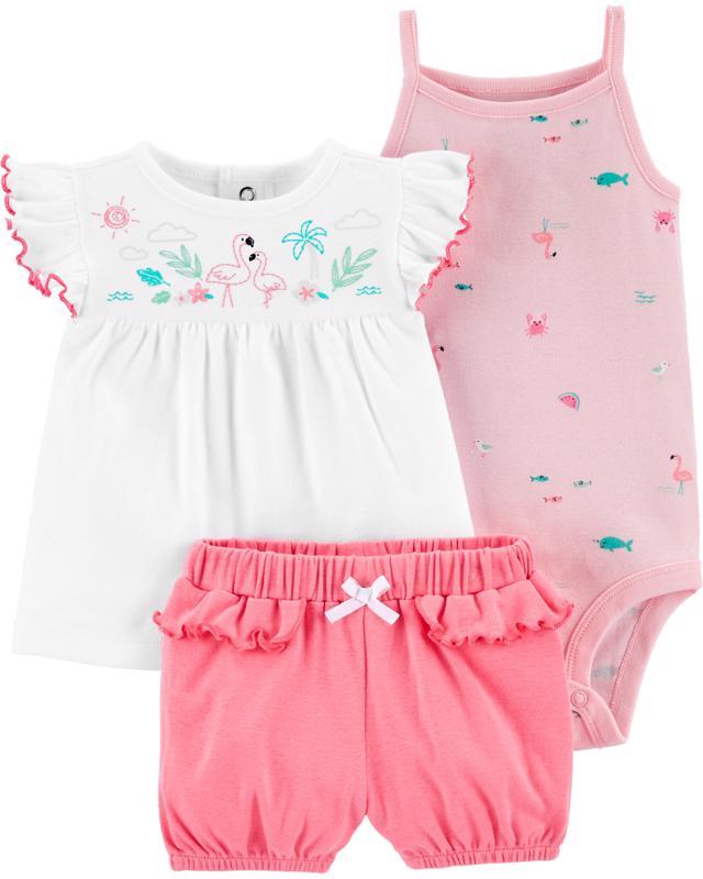 CARTER'S Set 3dielny body tielko, tričko, nohavice krátke Flamingo dievča LBB 12 m /veľ. 80