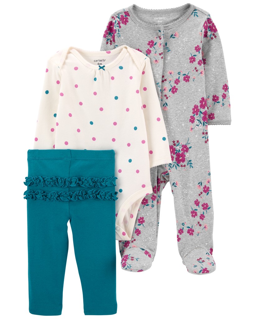 CARTER'S Set 3dielny overal, legíny, body dl. rukáv Grey Floral 3m