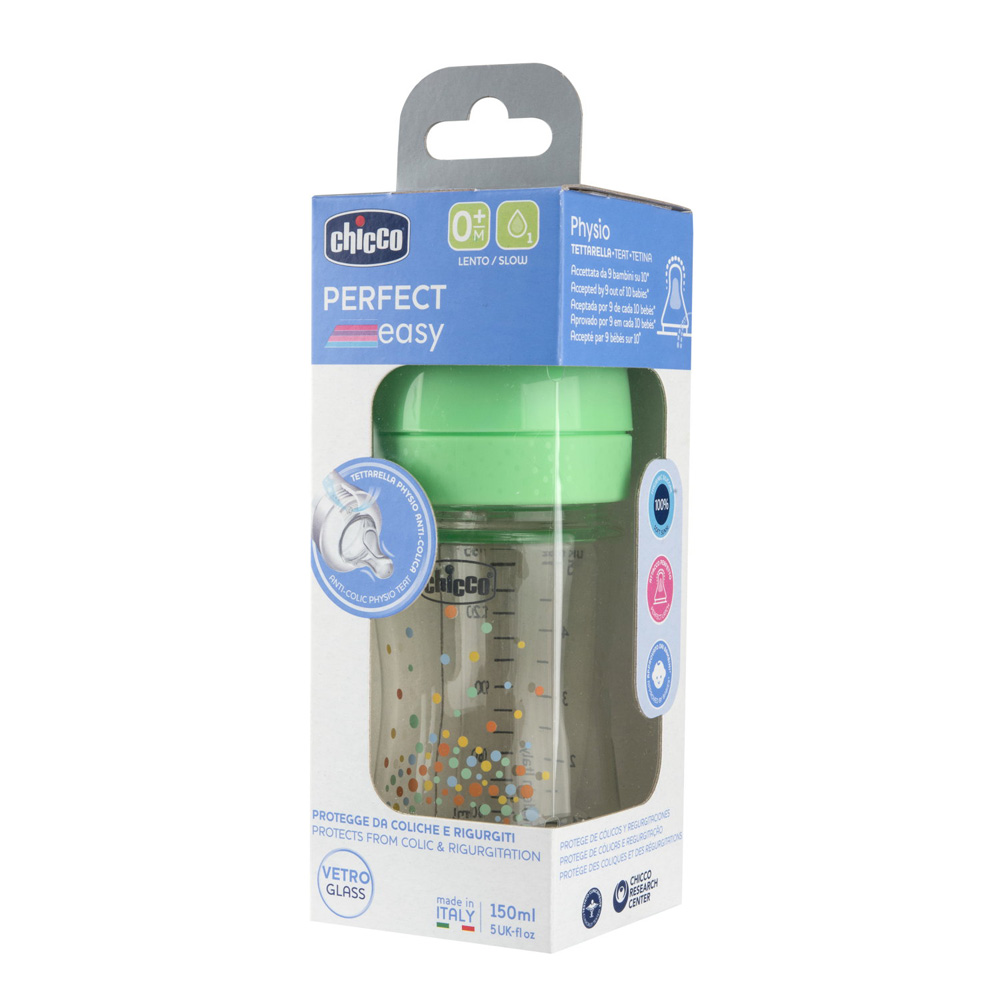 CHICCO Fľaša dojčenská sklenená Perfect Easy 150 ml slow silikón neutral 0m+