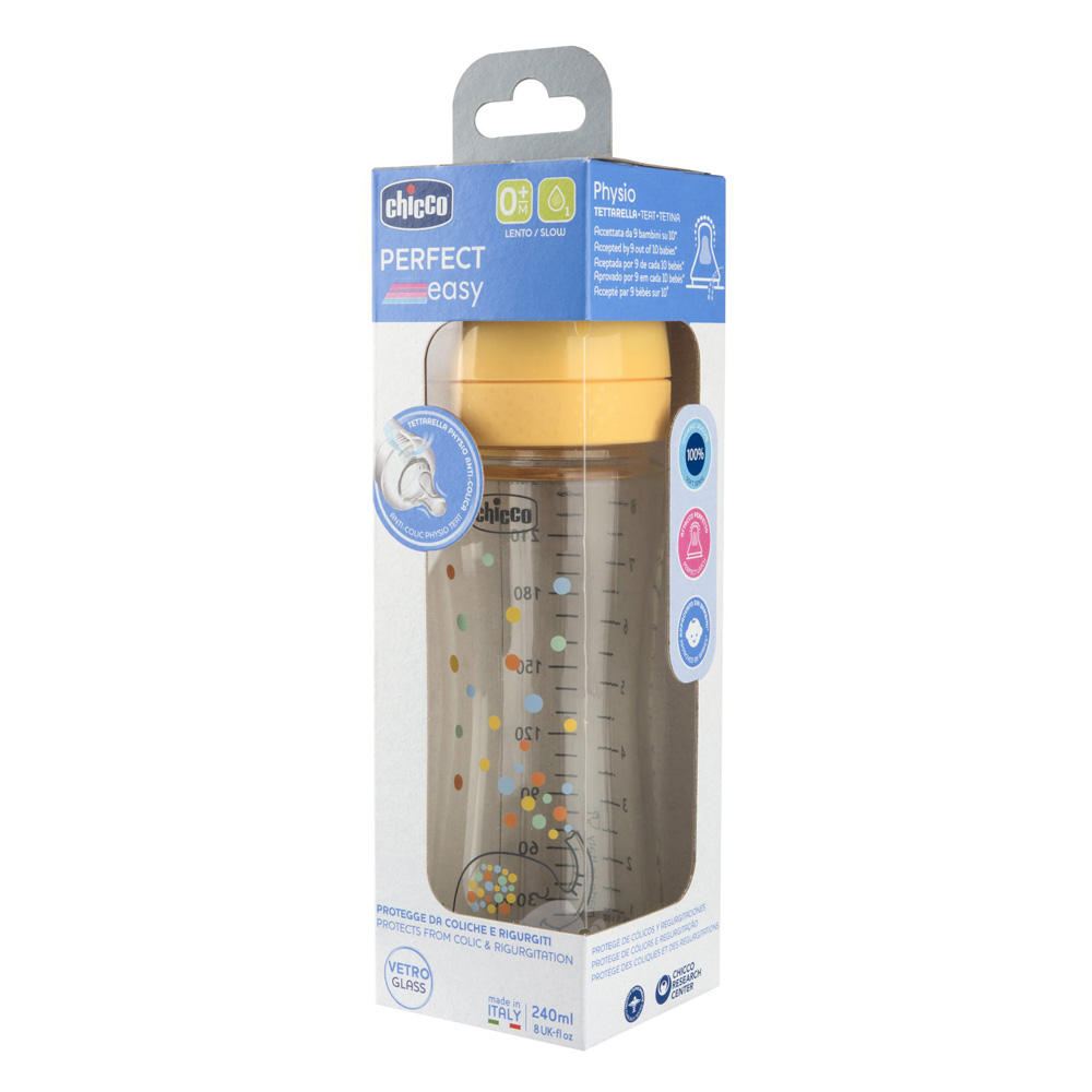 CHICCO Fľaša dojčenská sklenená Perfect Easy 240 ml slow silikón neutral 0m+