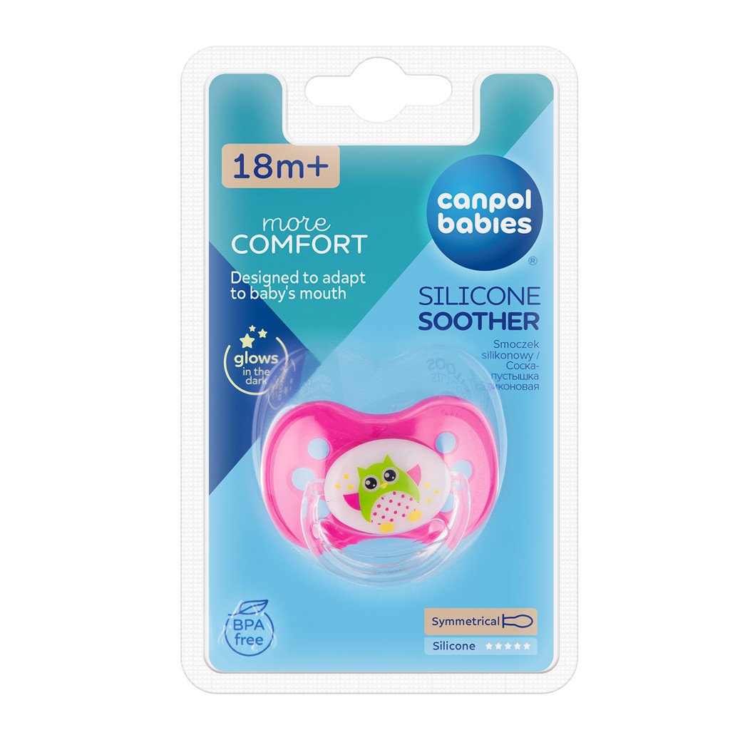CANPOL BABIES Cumlík silikónový symetrický 18m+ Sova - ružová