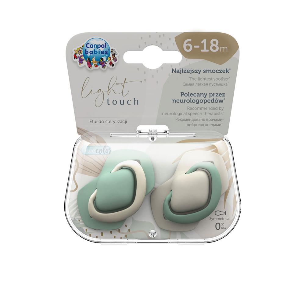 CANPOL BABIES Set symetrických silikónových cumlíkov Light touch 6-18m Pure color zelený