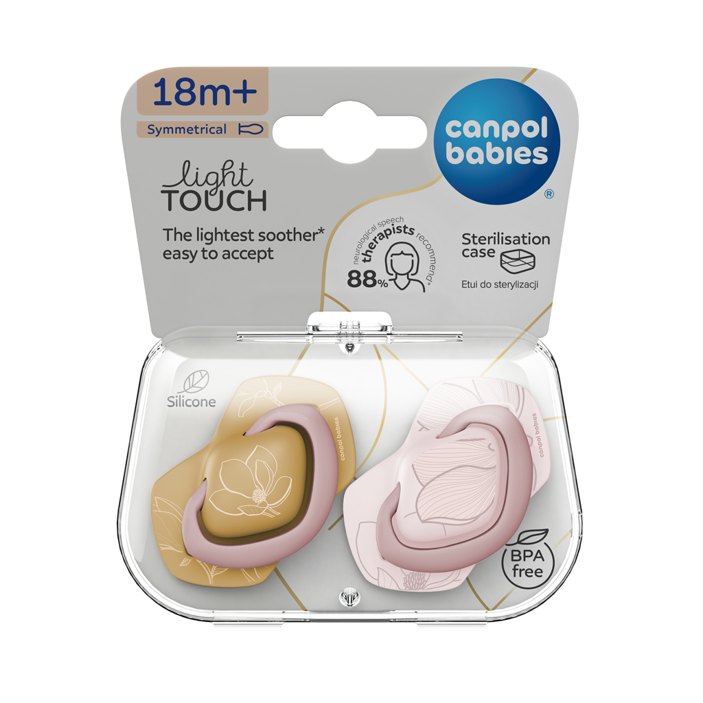 CANPOL BABIES Dudlík silikonový symetrický Light touch GOLD 18m+ 2ks růžový