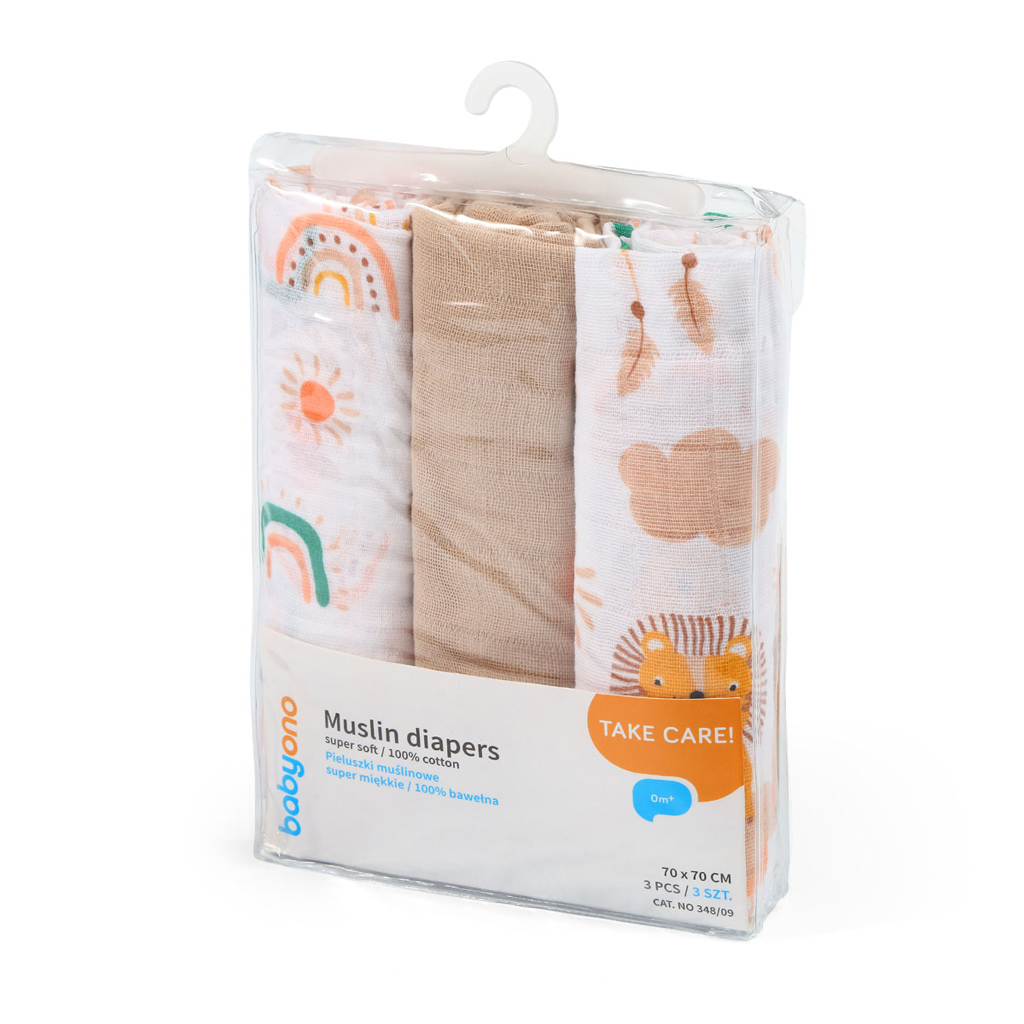 BABYONO Plienky mušelínové Super Soft Beige 3ks, 70x70cm
