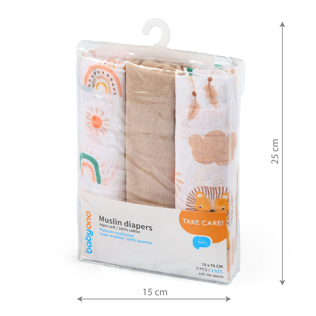 BABYONO Plienky mušelínové Super Soft Beige 3ks, 70x70cm
