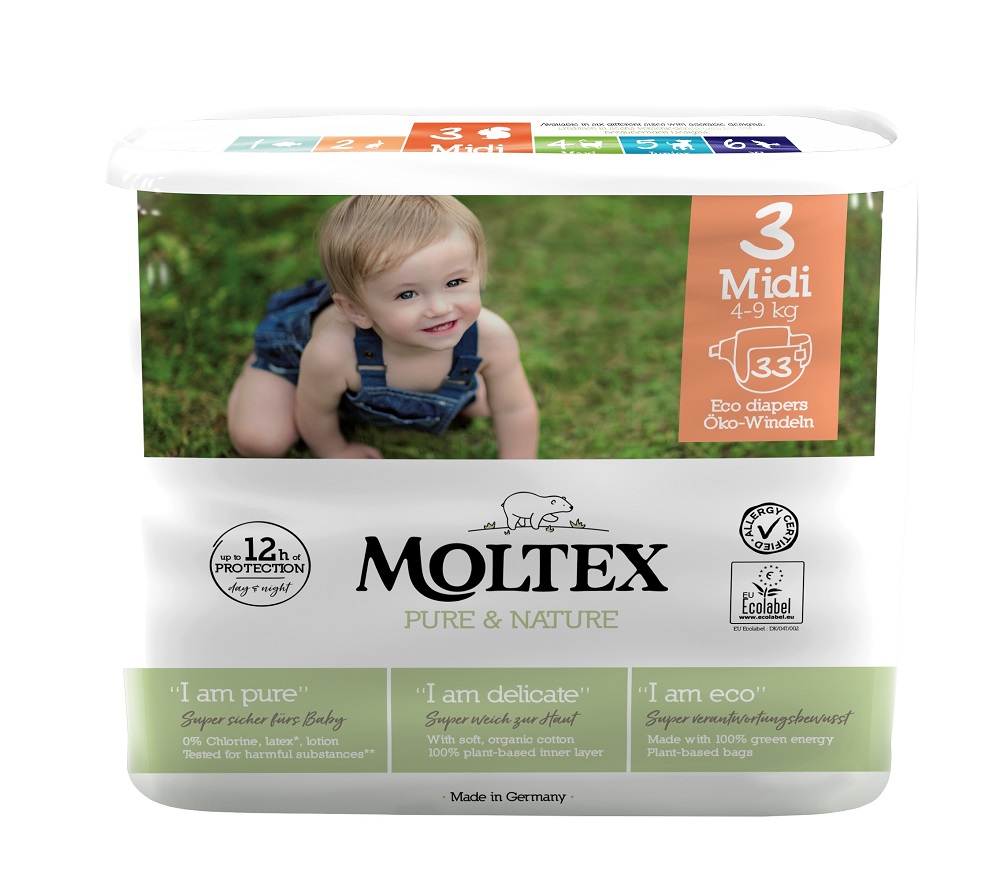 4x MOLTEX Pure & Nature Plienky jednorazové 3 Midi (4-9 kg) 33 ks - ECONOMY PACK