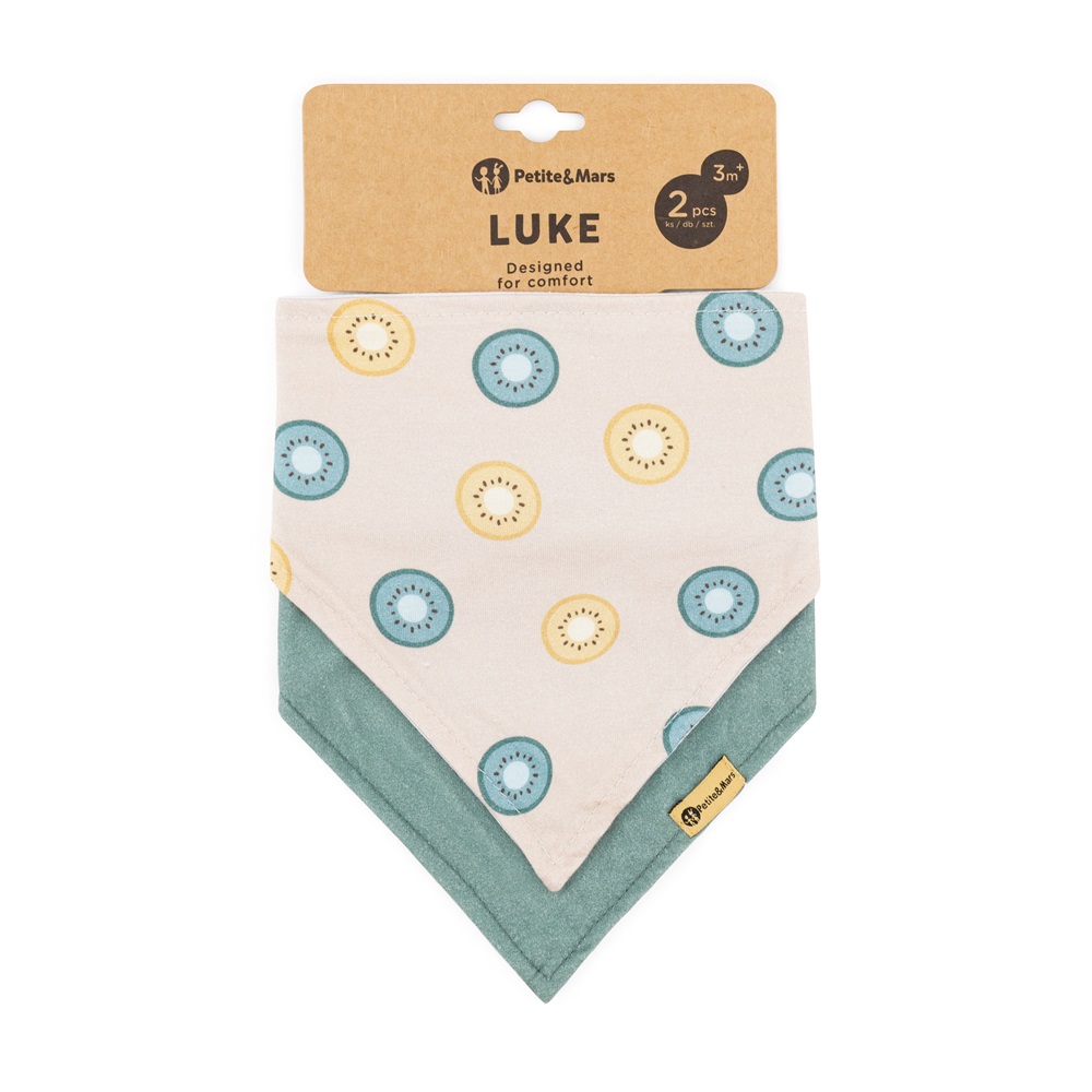 PETITE&MARS Podbradník bandana Luke 2 ks Beige Kiwis&Misty Green 3m+