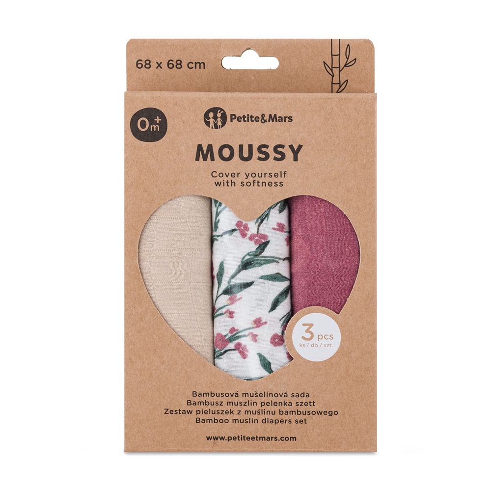 PETITE & MARS Sada plienok bambusová mušelínová 3ks Moussy Pink Meadow 68 x 68 cm