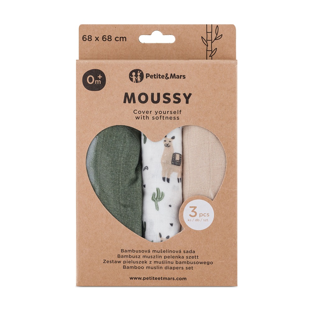 PETITE & MARS Sada plienok bambusová mušelínová 3ks Moussy Llama Vibes 68 x 68 cm