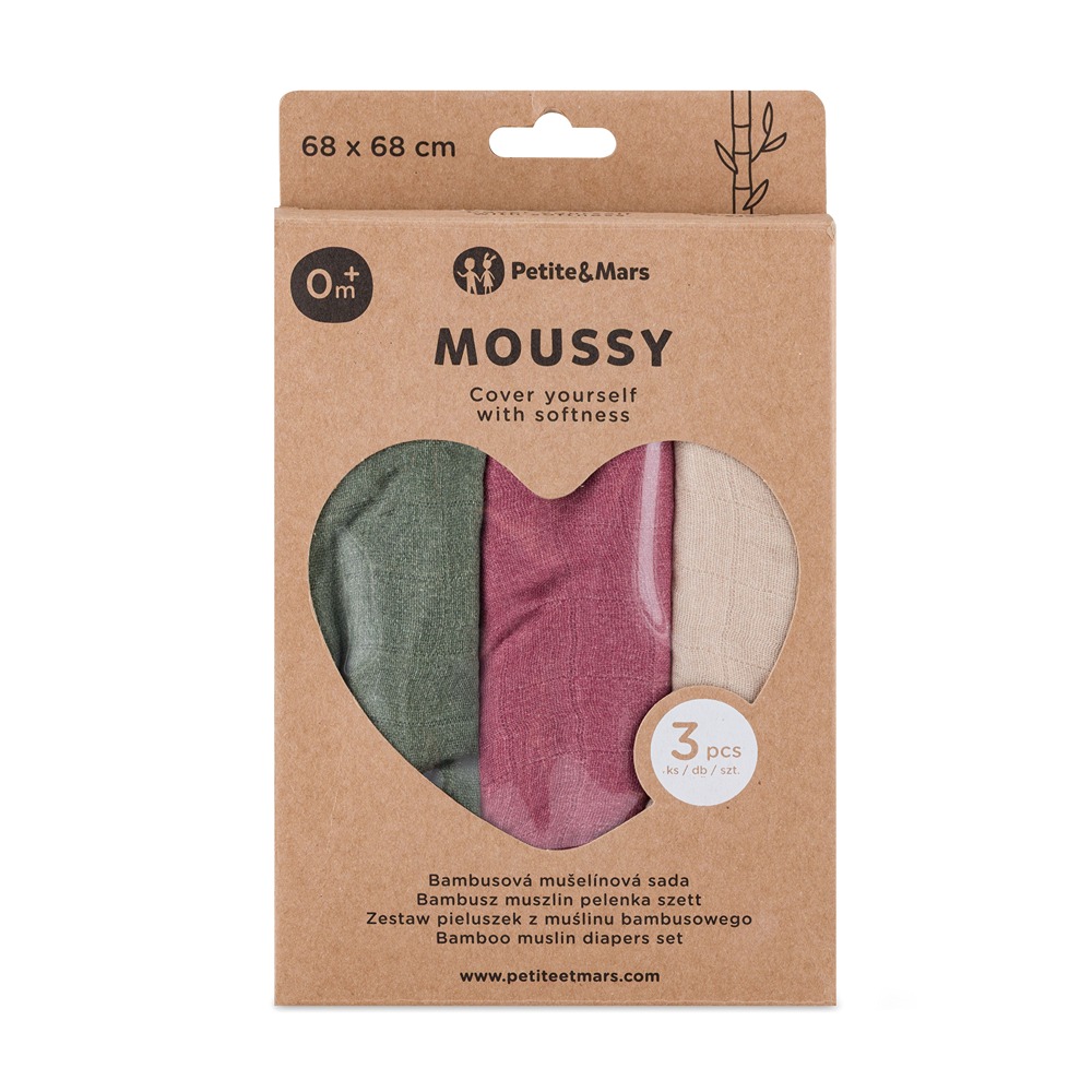 PETITE & MARS Sada plienok bambusová mušelínová 3ks Moussy Botanic Tones 68 x 68 cm