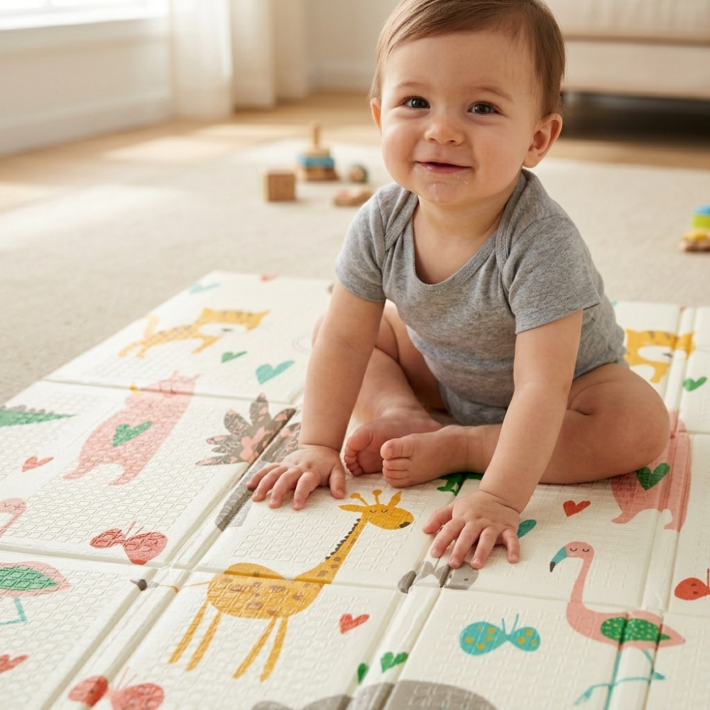 PETITE&MARS Podložka na hranie skladacie Campy L 130x200cm Animals&Hexagon