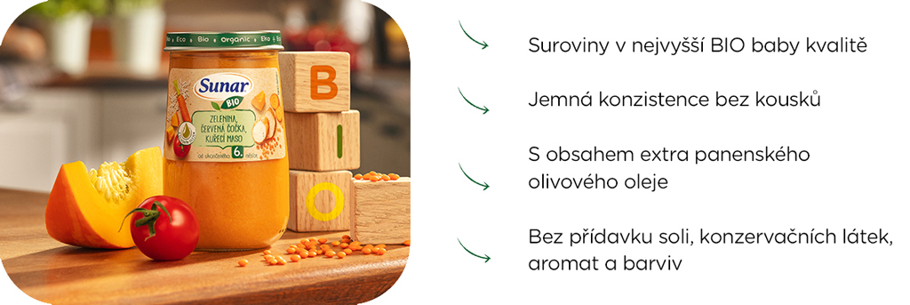 SUNAR BIO Príkrm zelenina, červená šošovica, kuracie mäso, olivový olej 6m+, 6x190g