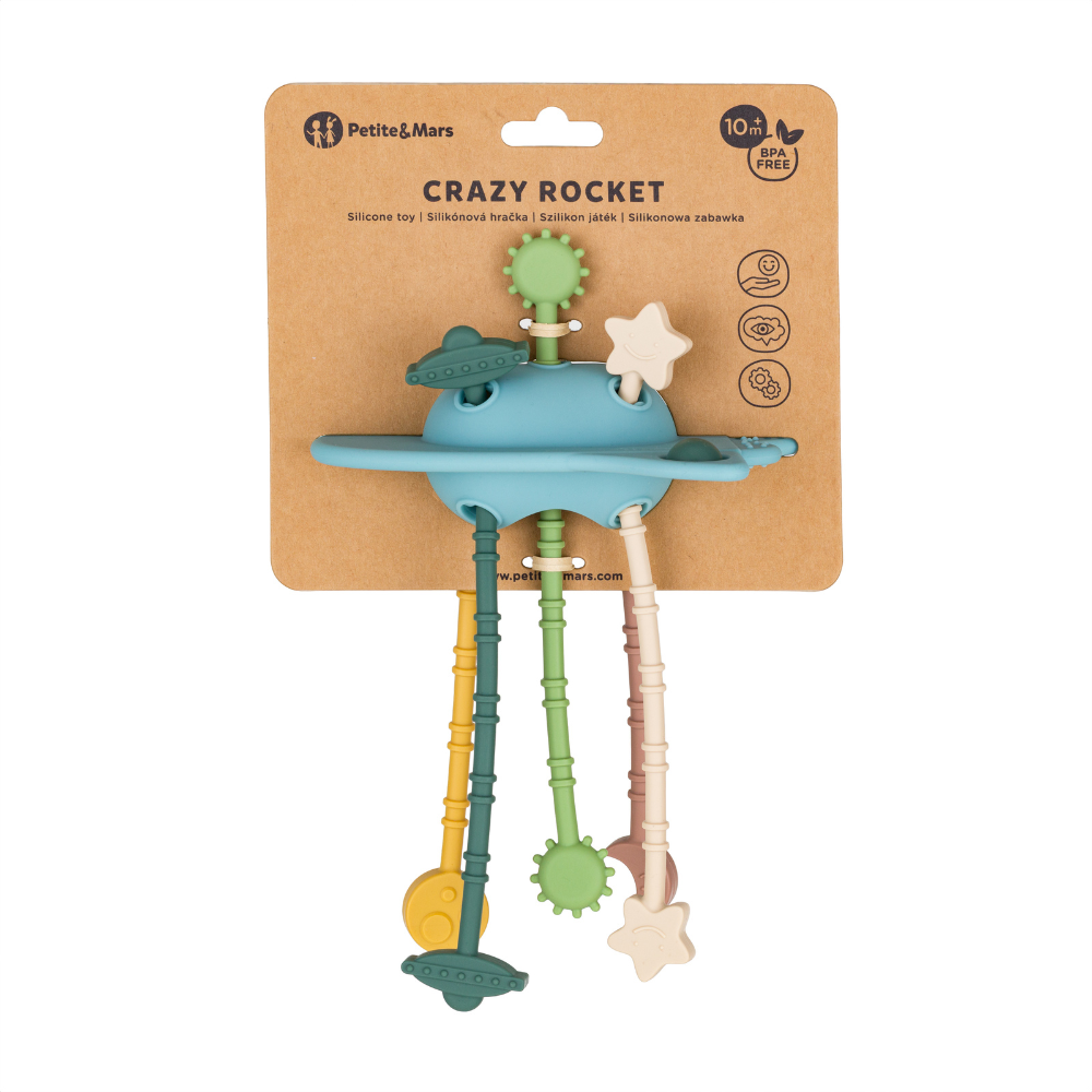 PETITE&MARS Hračka silikónová senzorická Crazy rocket Frosted Sky 10m+