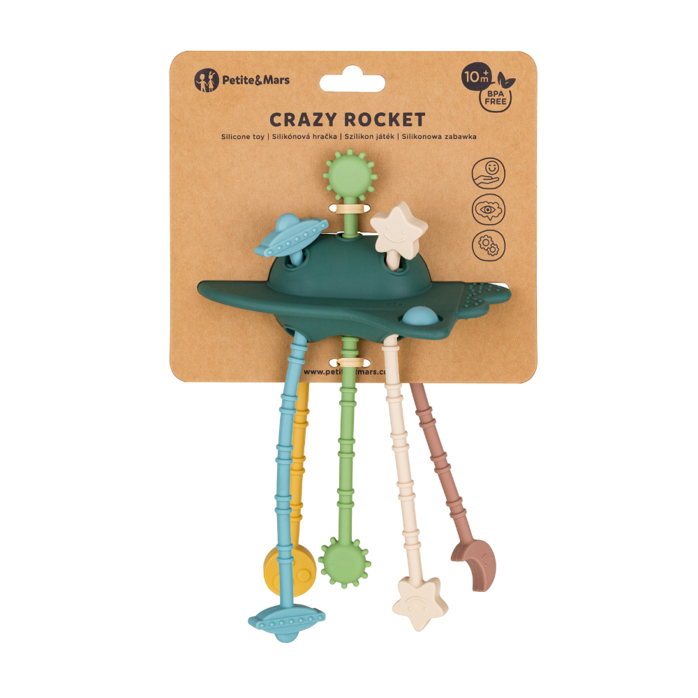 PETITE&MARS Hračka silikónová senzorická Crazy rocket Misty Green 10m+