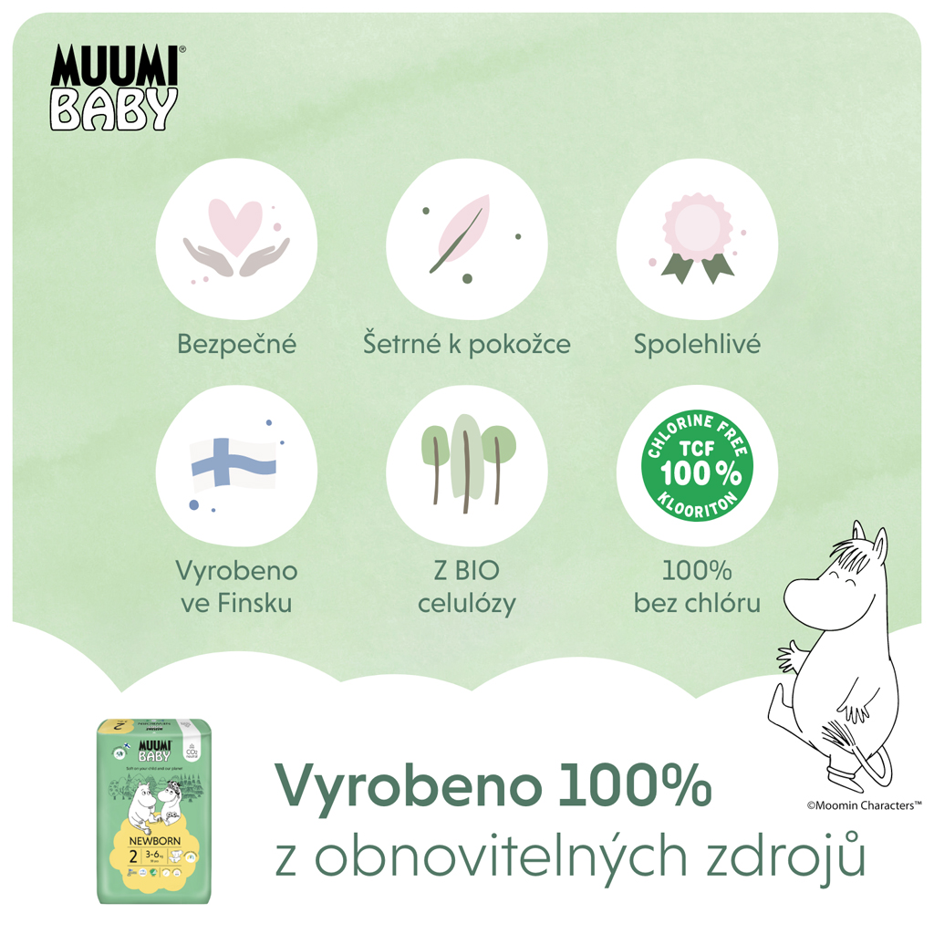 MUUMI Baby 2 Newborn 3-6 kg (58 ks), eko plienky