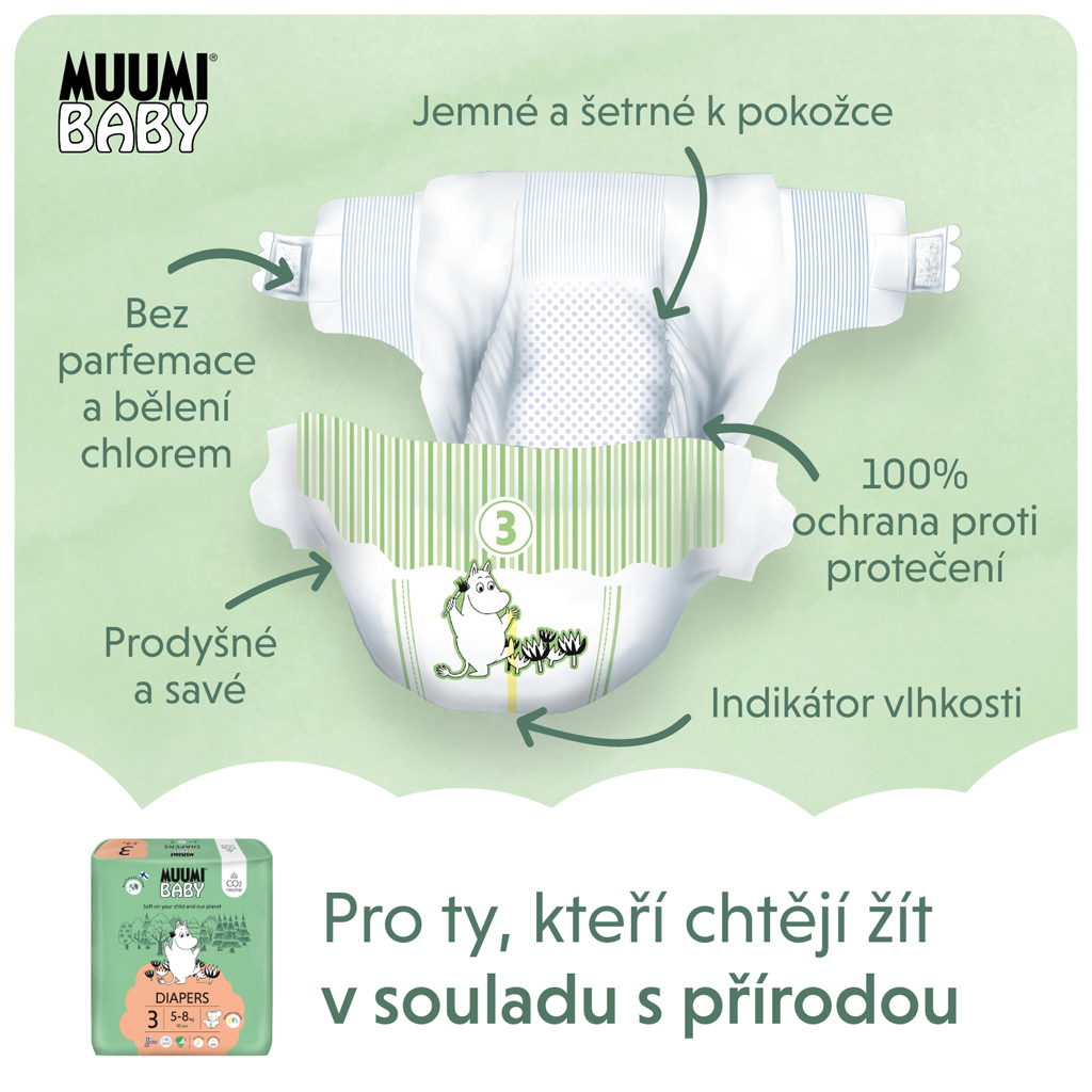 MUUMI Baby 3 Midi 5-8 kg (150 ks), mesačné balenie eko plienok