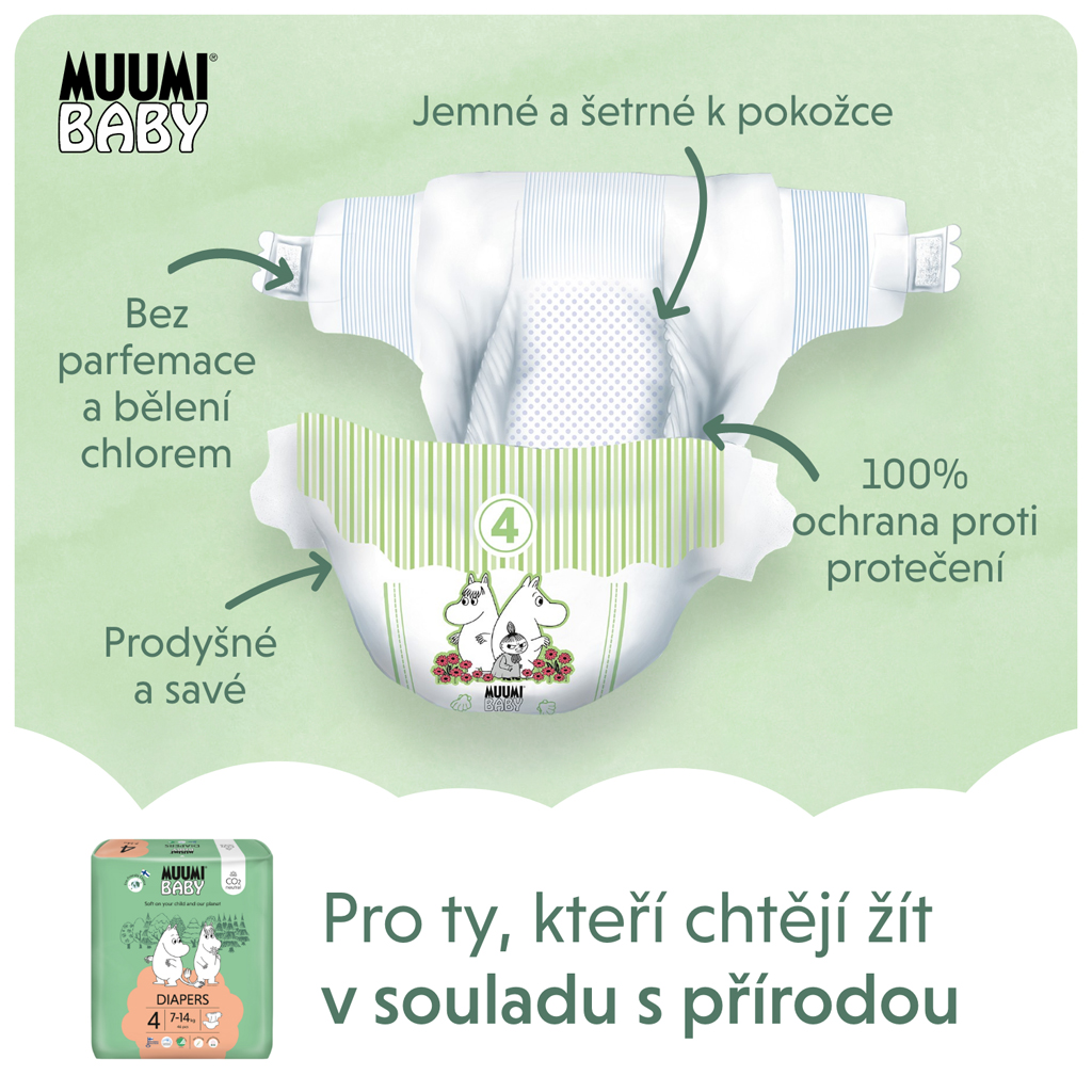 MUUMI Baby 4 Maxi 7-14 kg (138 ks), mesačné balenie eko plienok