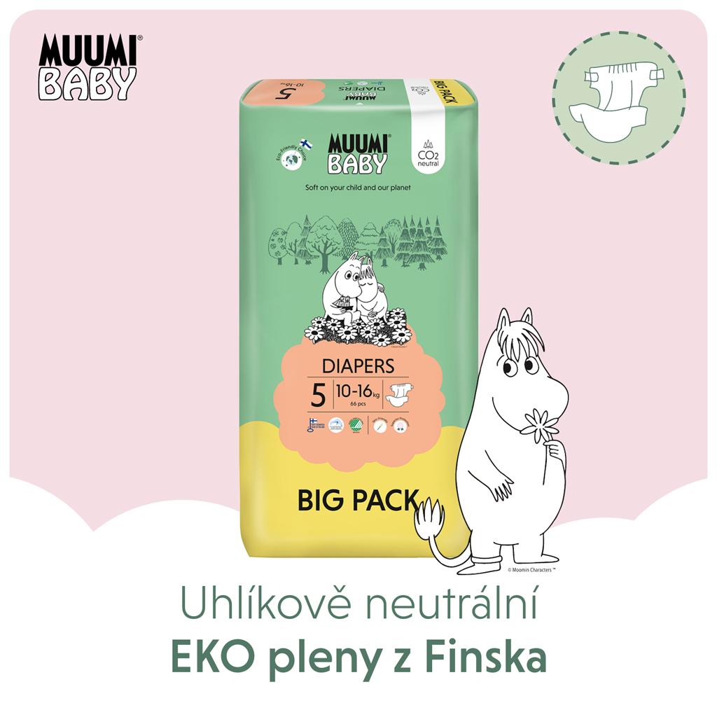 MUUMI Baby 5 Maxi+ 10-16 kg (66 ks), eko plienky