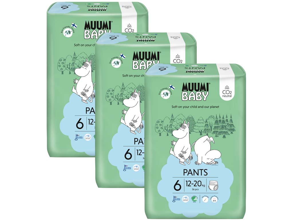 MUUMI Baby Pants 6 Junior 12-20 kg (108 ks), mesačné balenie nohavičkových eko plienok