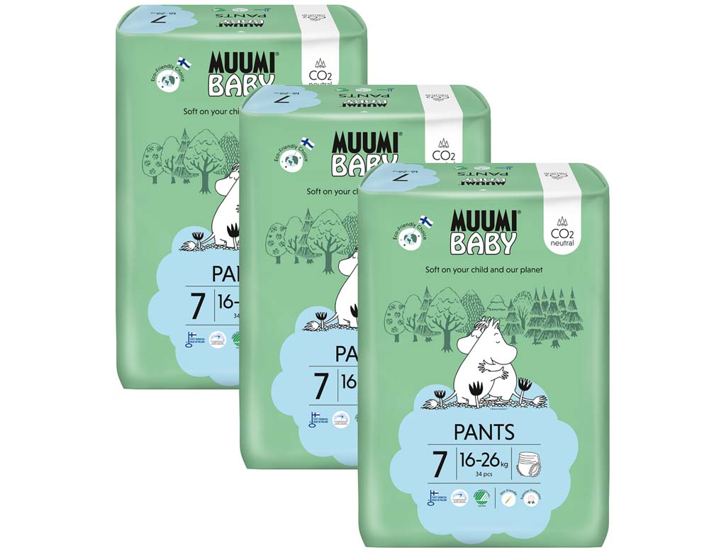 MUUMI Baby Pants 7 XL 16-26 kg (102 ks), mesačné balenie nohavičkových eko plienok