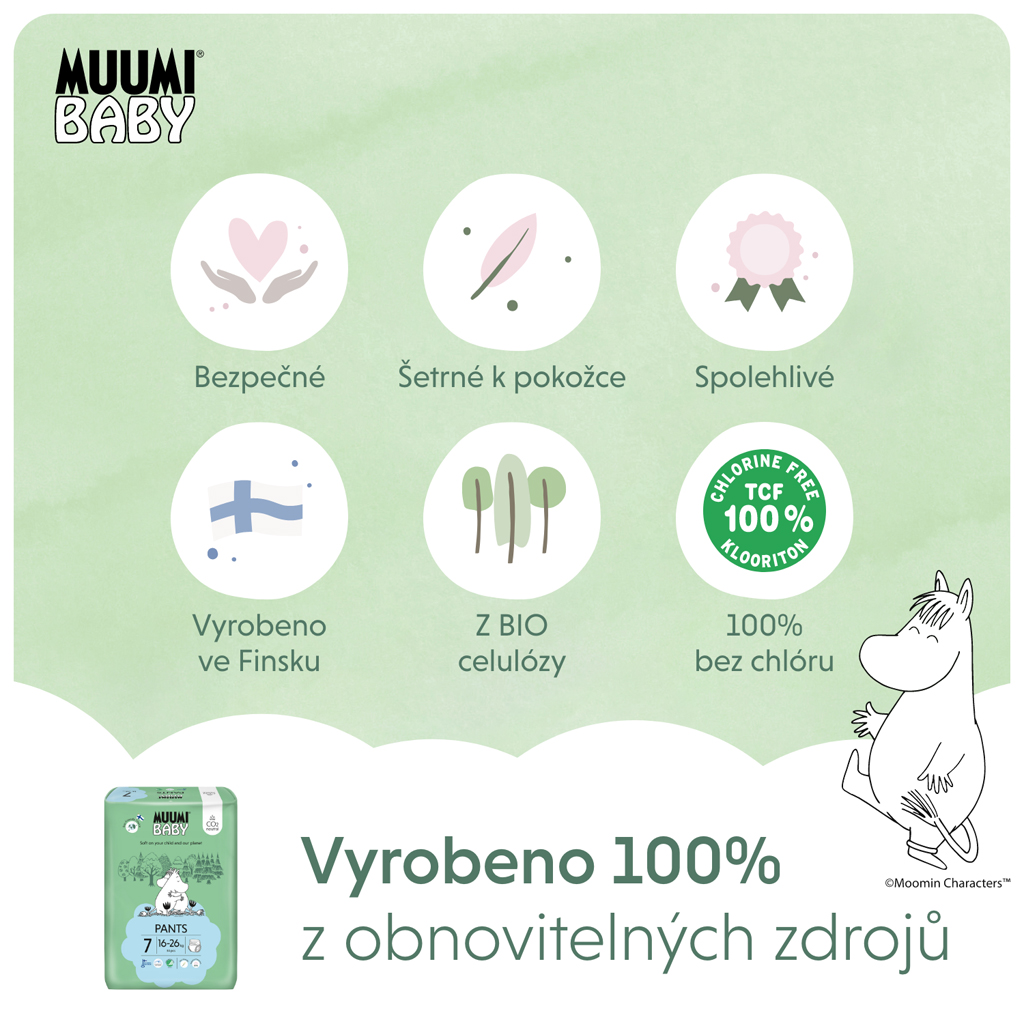 MUUMI Baby Pants 7 XL 16-26 kg (102 ks), mesačné balenie nohavičkových eko plienok