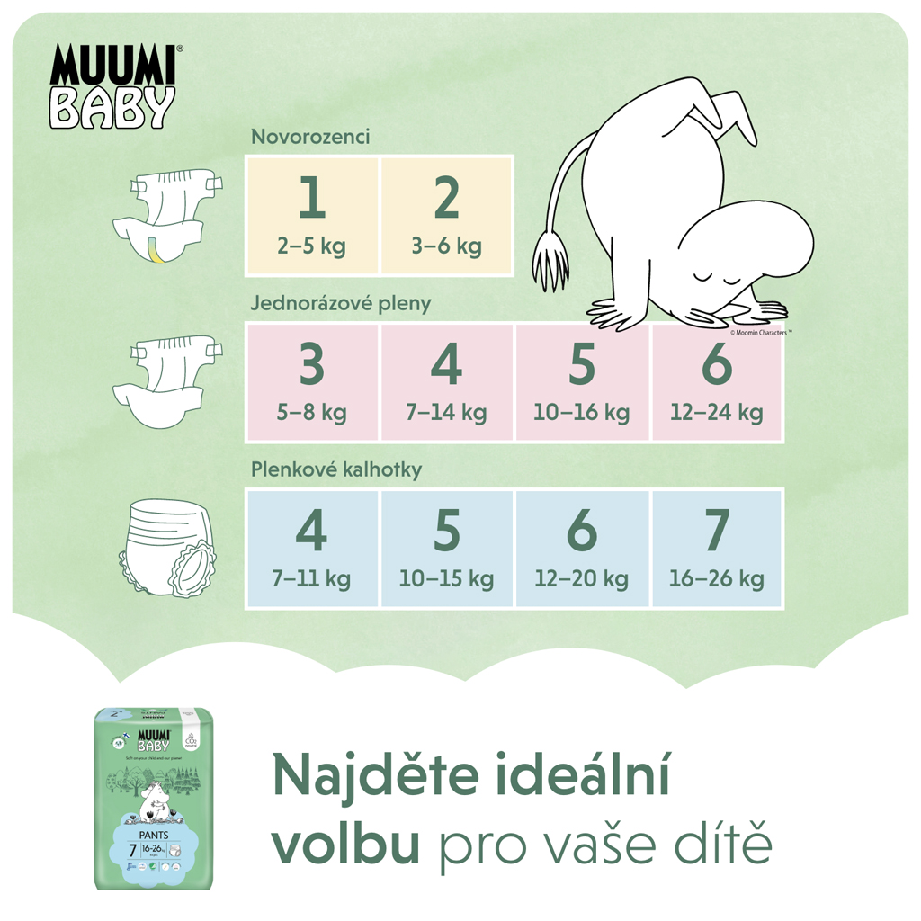 MUUMI Baby Pants 7 XL 16-26 kg (102 ks), mesačné balenie nohavičkových eko plienok